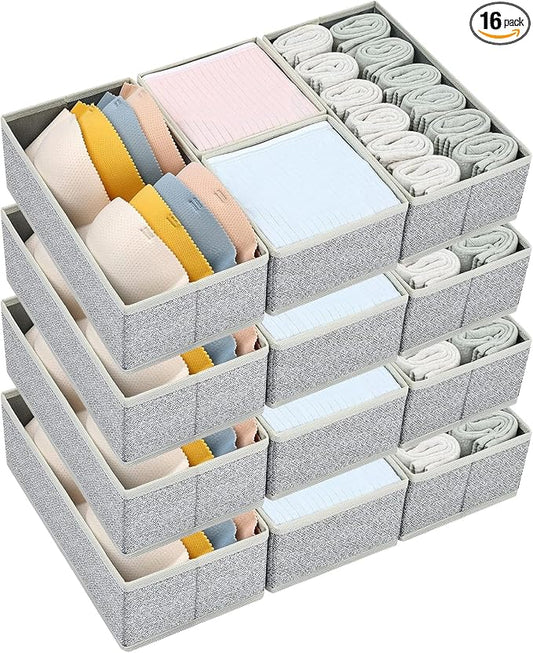DIMJ Drawer Organizers for Clothing, Set of 16 Dresser Drawer Organizers, Fabric Closet Organizers and Storage, Drawer Dividers for Baby Clothes, Socks, Belt, Tie (Gray)