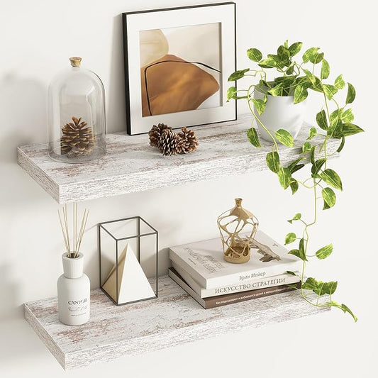 Fun Memories Deep Floating Shelves - 24" W x 9" D x 1.6" H Rustic Black Wall Shelf - Wall Mounted Shelves for Storage - Wooden Shelves with Invisible Brackets for Living Room, Farmhouse - Set of 2