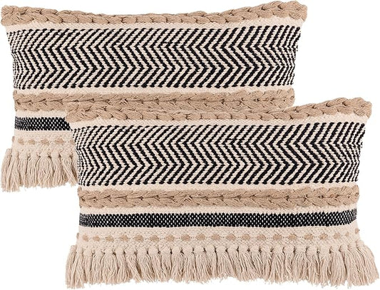 REDEARTH · Boho Textured Throw Pillow Cushion Covers - Lumbar Woven Tufted Decorative Farmhouse Cases Set for Couch, Sofa, Bed, Chair, Dining, Patio, Outdoor; 100% Cotton (12"x20", Black) Pack of 2