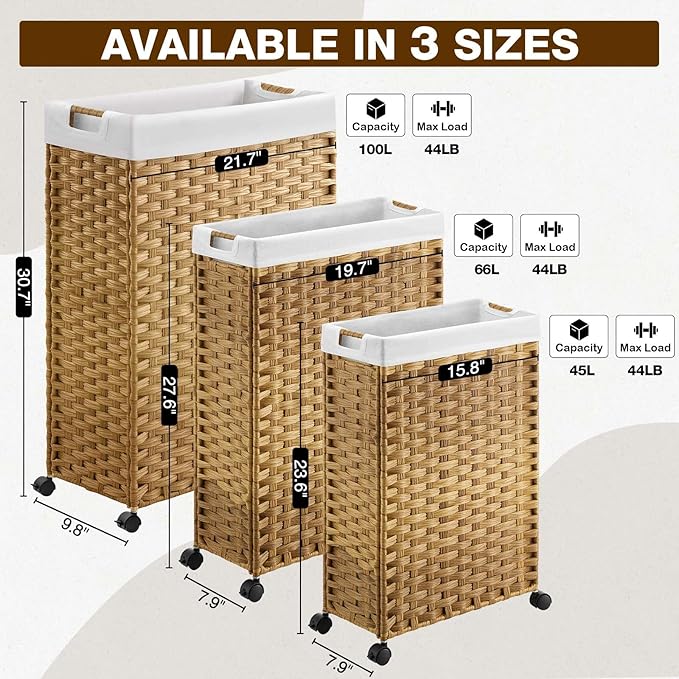 Greenstell Laundry Hamper with Wheels & Handles, 26.4 Gallon (100L) Slim Laundry Basket with 2 Removable Liner Bags & 2 Mesh Bags, Foldable Narrow Clothes Hamper for Bedroom, Bathroom, Closet, Natural