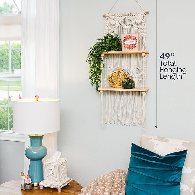 SnugLife 2 Tier Macrame Wall Hanging Shelf with Woven Rope - Boho Pine Wood Shelves for Plants, Bathroom, Kitchen