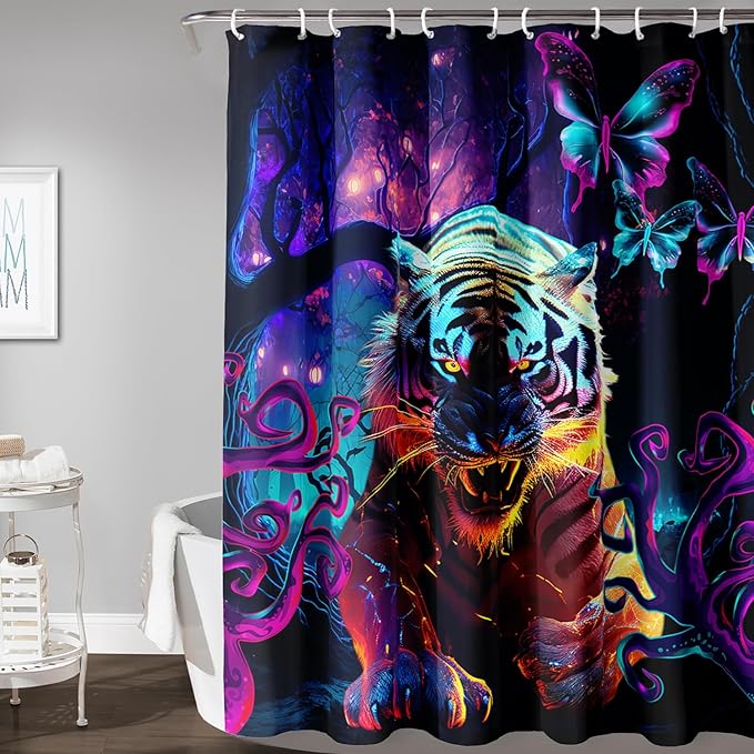 AILONEN 3D Tiger Shower Curtain for Bathroom,Purple Magic Forest Wildlife Printed Bath Curtain,Boys Roaring Tiger Decoration Shower Curtain Waterproof 48" W*72" H