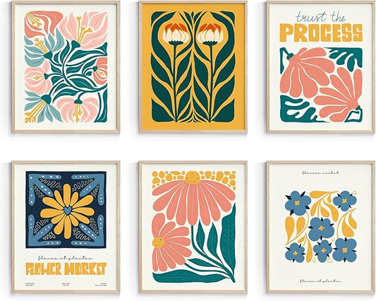 Habseligkeit Flower Market Posters for Room Decor, Abstract Floral Wall Art Prints, Cute Wall Decor, Vintage Posters for Girls Room Aesthetic (8x10 UNFRAMED Set of 6)
