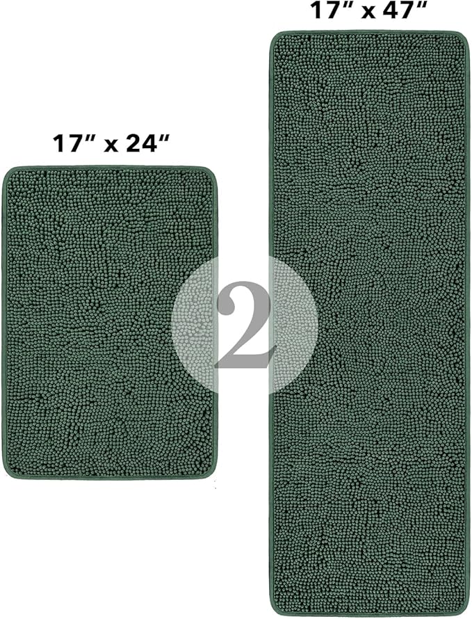 Dark Green Bathroom Rugs Sets 2 Piece – Absorbent and Washable Bath Mat, Non-Slip, Thick Soft Chenille Bath Rugs for Bathroom Floor, Shower, Sink(17" x 24"+17" x 47")