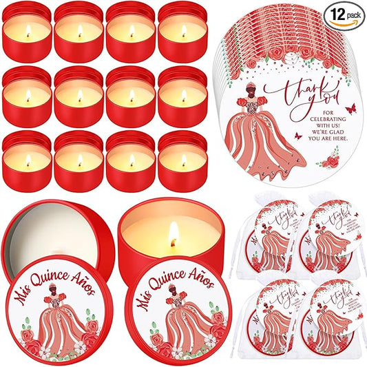 12 Sets Quinceanera Party Favor for Guests Include 12 Mis Quince Años Candles Set Soy Tealight Candles Thank You Card Organza Bag 15th Sweet Birthday Parties Quinceanera Party Souvenir (Red)