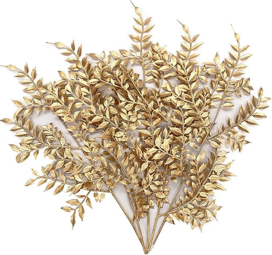 Gold Leaves Decorations for Christmas Artificial Golden Plants Fake Leaf - 17 Inch 5 Pack, Faux Foliage Simulation Flowers Grass Xmas Decor Plant Bushes Indoor Outdoor Wedding Table Centerpiece DIY