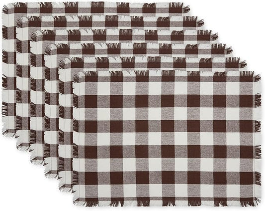DII Heavyweight Fringed Check Tabletop Collection, Placemat Set, 13x19, Bark Brown, 6 Piece