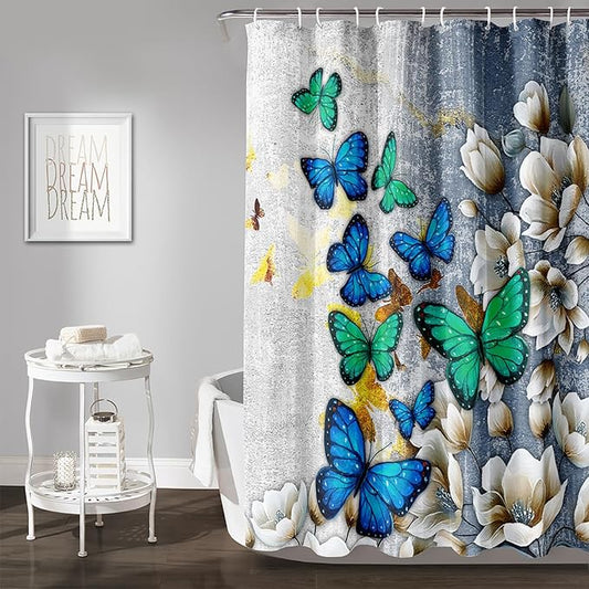 AILONEN Colorful Butterfly Shower Curtain for Girls Women Retro Flower Butterfly Bathroom Decor,Flying Butterfly Vintage Bath Curtain 72" W*78" H Polyester Waterproof Bathroom Curtain with 12 Hooks