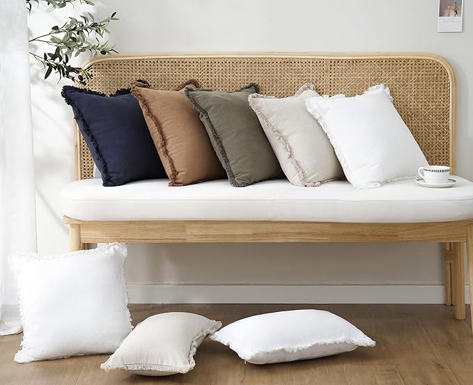 Foindtower Set of 2 Decorative Linen Fringe Throw Pillow Covers Cozy Boho Farmhouse Cushion Cover with Tassels Soft Accent Pillowcase for Couch Sofa Bed Living Room Home Decor, 26×26 Inch, Cream White