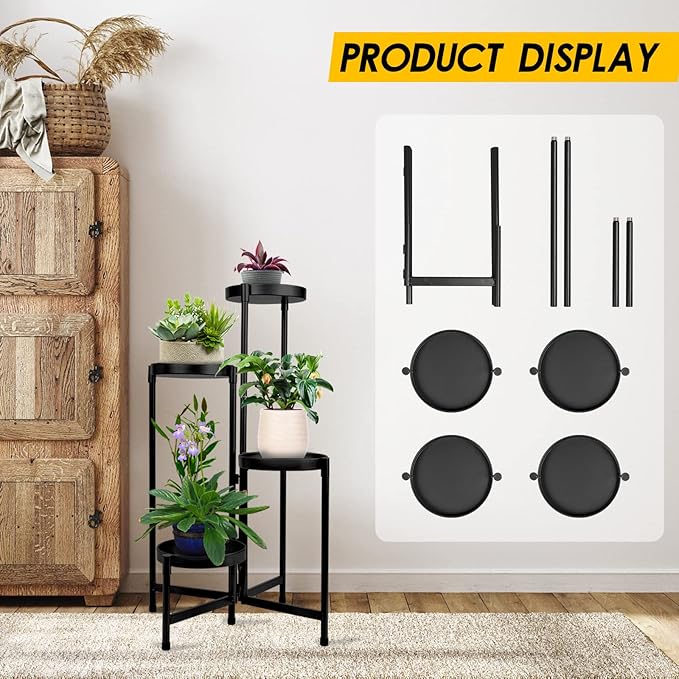 4 Tier Plant Stand Indoor Outdoor, 31 Inch Tall Metal Plant Shelf Waterproof, Plant Holder with Folding Design For Home, Living Room, Black