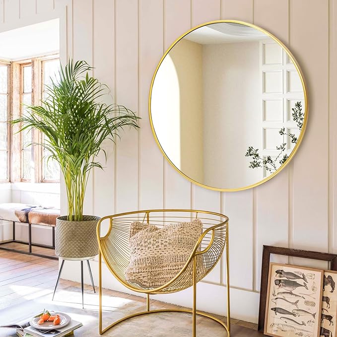 Fabuday Round Gold Mirror 28 Inch - Large Circle Mirror for Bathroom, Bedroom, Living Room, Hallway Decor, Hanging Big Golden Framed Circular Mirror