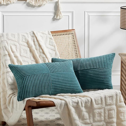 Fancy Homi 2 Packs Teal Long Lumbar Decorative Throw Pillow Covers 12x24 Inch for Couch Bed Sofa, Rustic Farmhouse Boho Home Decor, Soft Striped Corduroy Rectangle Accent Cushion Case 30x60 cm