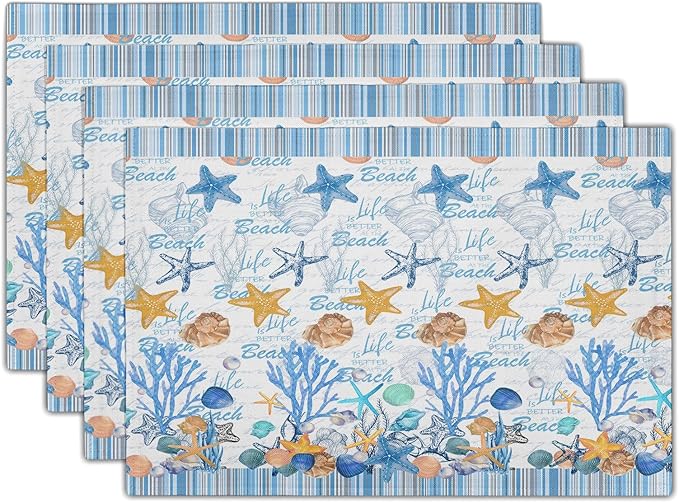 Ocean Starfish Placemats Set of 4 Beach Theme Seashell Coastal Washable Non-Slip Heat Resistant Linen Fabric Summer Thick Place Mats Decorative Table Mat 12×18 Inch for Dining Table Decor