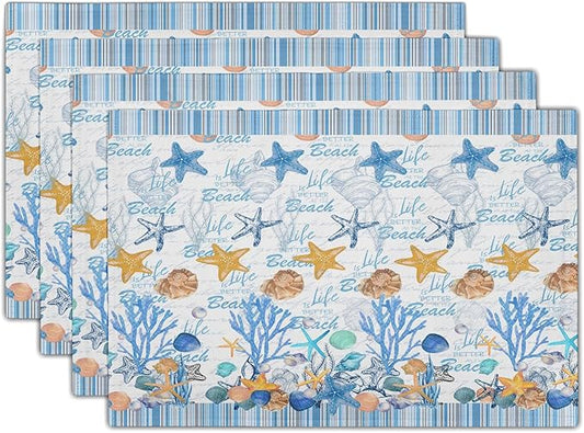 Ocean Starfish Placemats Set of 4 Beach Theme Seashell Coastal Washable Non-Slip Heat Resistant Linen Fabric Summer Thick Place Mats Decorative Table Mat 12×18 Inch for Dining Table Decor