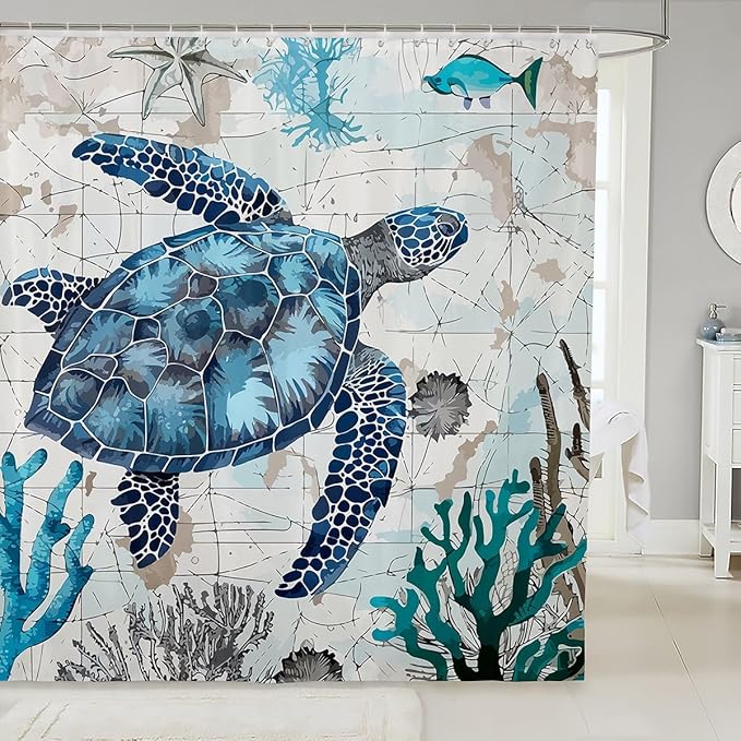 Feelyou Sea Turtle Shower Curtain Ocean Theme Fabric Shower Curtain for Kids Boys Girls Nautical Bathroom Waterproof Accessories with 12 Hooks Ocean Creature Curtains,72x84 Inches