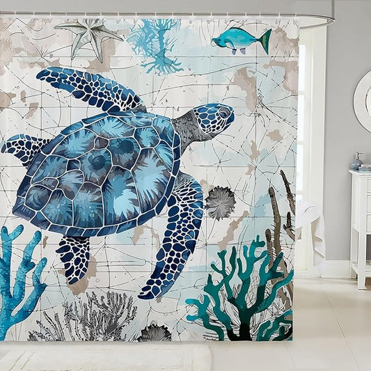 Feelyou Sea Turtle Shower Curtain Ocean Theme Fabric Shower Curtain for Kids Boys Girls Nautical Bathroom Waterproof Accessories with 12 Hooks Ocean Creature Curtains,72x78 Inches