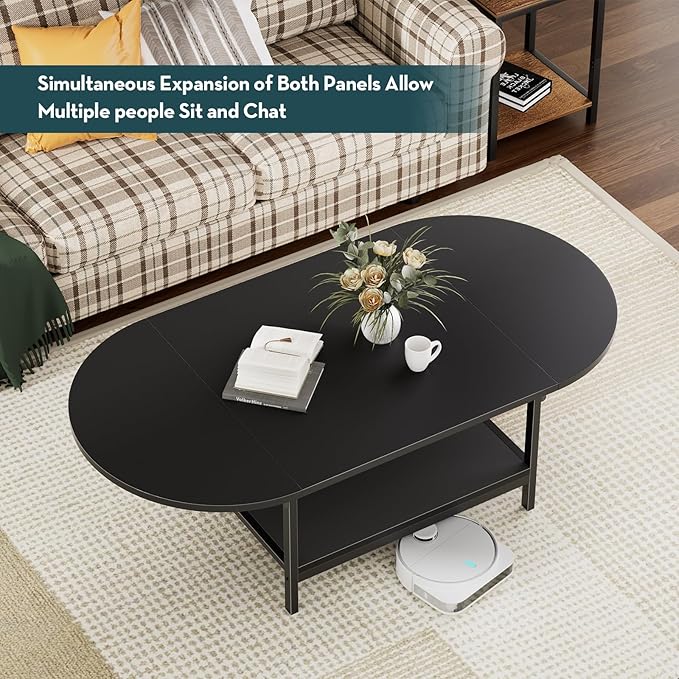 SAYGOER Black Coffee Table Modern Extended Coffee Tables with Storage for Living Room 2-Tier Unique Center Table with Two Foldable Panel for Any Large or Small Space, All Black