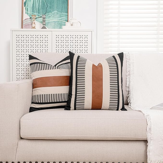Farmhouse Stripe Pillow Cover 20x20 Boho Accent Cushion Case Faux Leather Decorative Pillowcase,Black and Beige (Cover ONLY, Pack of 2)