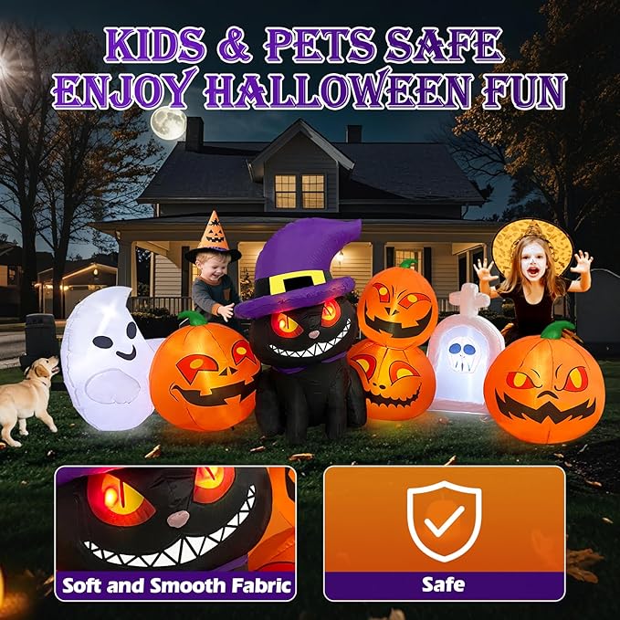 MICOCAH Halloween Inflatables Outdoor Decorations 8 FT Long Funny Pumpkin Black Cat Blow Up Lanterns Built-in LED Lights with Ghost Tombstone Scary Yard Decoration for Holiday Party Outside Lawn