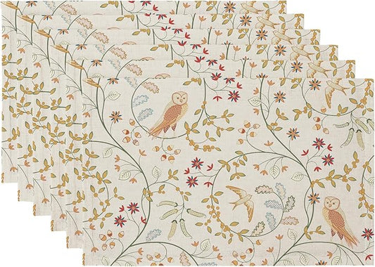 QIYI Boho Placemats Set of 6, 12x18 Inch Linen Fabric Place Mats for Kitchen Dinning, Farmhouse Rustic Floral Cloth Table Mats, Washable Placemat Folk Art Party Table Décor, Forest Birds