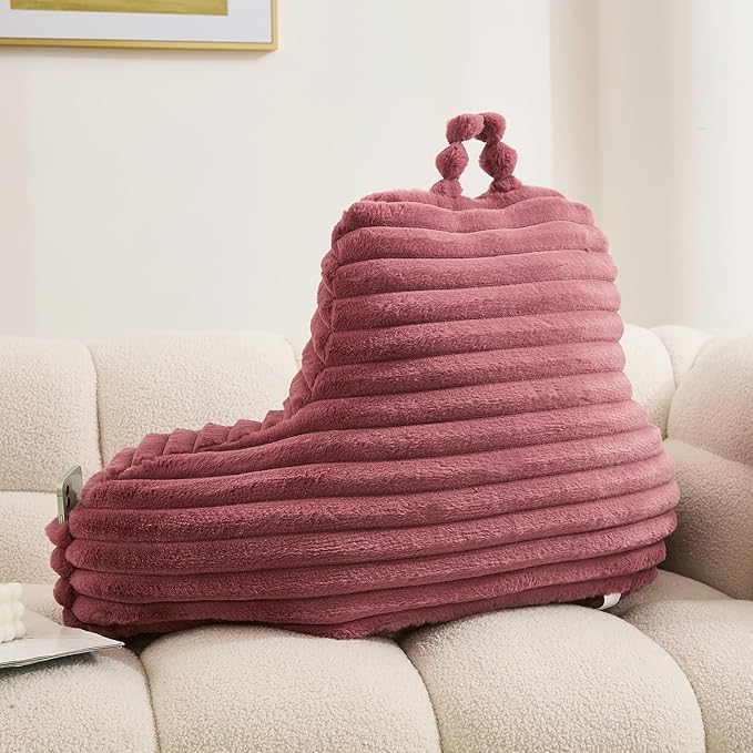 WERDIM Reading Pillow for Sitting in Bed, Faux Fur Back Pillow for Bed Rest, Bed Chair Pillow with Arms and Pockets(Standard, Dusty Rose)