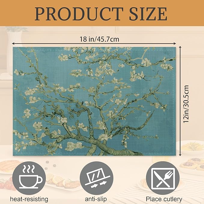 Almond Tree in Blossom Placemats Set of 6,Washable Heat Resistant 12×18 Inch Linen Table Mats Art Place Mats for Party Outdoor Dining Décor