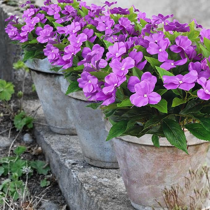 4 Pcs Artificial Flowers Outdoor Impatiens UV Resistant Silk Impatiens Flowers Purple Faux Flowers Impatiens Bushes Artificial Impatiens for Pot Patio Lawn Garden Hanging Basket Porch Decor