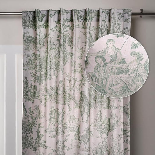 Maison d' Hermine Curtains for Living Room 100% Cotton 96 inch Length One Panel Light Filtering Toile Curtains for Bedroom Windows with Rod and Loop Pockets (The Miller Antique Green, 50" W x 96" L)