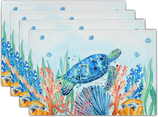 Giwawa Sea Turtle Placemats Set of 4, Watercolor Blue Tortoise Place Mat 12x18 Inch, Ocean Nautical Coral Coastal Marine Table Mats Heat Resistance for Kitchen Dining Party Picnic Decor