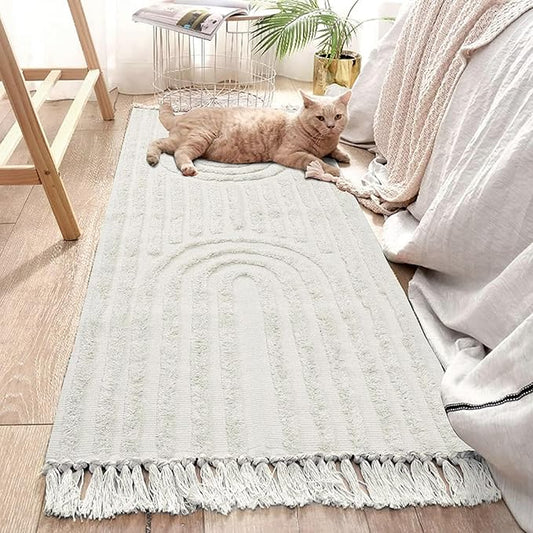 LEEVAN Boho Runner Rug Washable 2'x5' Woven Beige Cotton Farmhouse Kitchen Rugs with Tassels Bohemian Rainbow Hallway Accent Rug for Bedroom/Bathroom/Laundry or Living Room