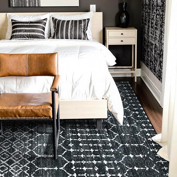 Lahome Moroccan Black Area Rugs 6x9 Living Room - Non-Slip Backing Ultra-Thin Large Throw Stain Resistant Dining Room Rugs for Under Table, Geometric Print Modren Soft Carpet for Bedroom Office