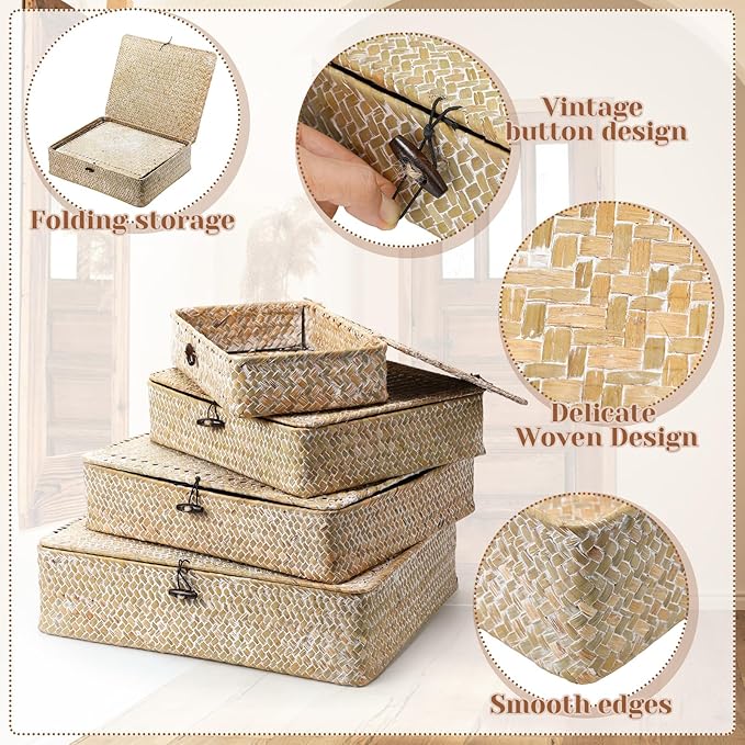 Set of 4 Seagrass Basket with Lid Wicker Storage Basket Decorative Storage Boxes with Lids Flat Storage Bins Woven Organizer Baskets for Shelf Closet Bedroom, 4 Sizes (White)