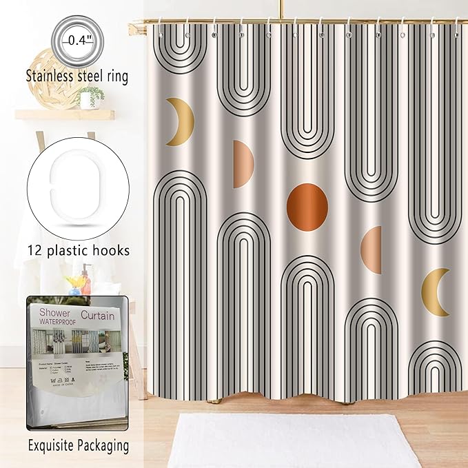 Boho Shower Curtains for Bathroom Mid Century Minimalist Abstract Aesthetic Modern Bathroom Decor Curtain Machine Washable Waterproof Fabric with 12 Hooks (Beige Minimalist, 72" x 72")