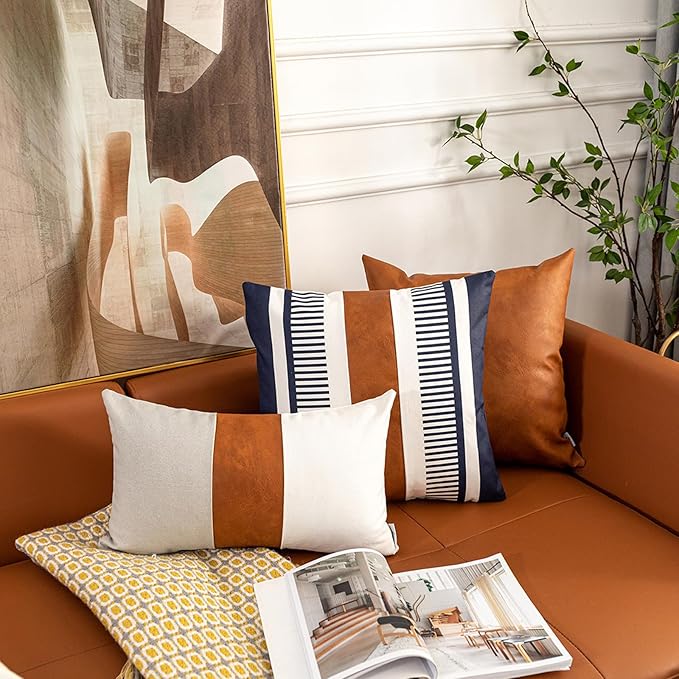 Farmhouse Throw Pillow Covers for Couch Sofa Decorative Faux Leather Square Cushion Cover Tribal Stripe Accent Pillow Case 18 x 18 Inch, Navy Blue
