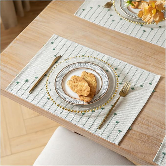 Placemats Set of 6 for Dining Table Décor, Woven Cloth Place Mats for Farmhouse Kitchen Tabletop, Handcrafted Machine Washable Cotton Table mats 13 x 19 Inch, Green and Beige