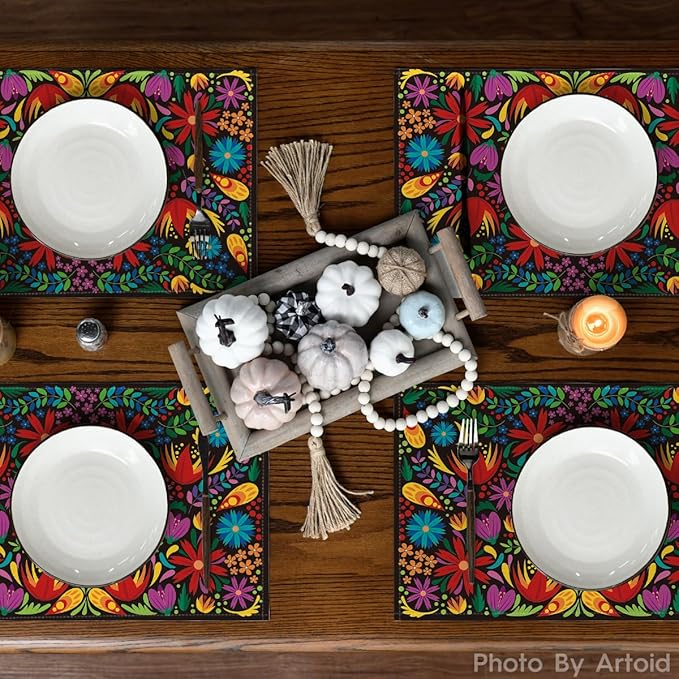 Artoid Mode Mexican Cinco De Mayo Placemats Set of 6, 12 x 18 Inch Dia De Los Muertos Decoration Washable Table Mats for Party Dining Table