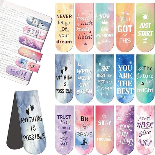 Kaluofan Magnetic Bookmarks - 15PCS Larger Size Inspirational Bookmarks for Women, Kids & Students - Double Sided Magnet Page Clips for Teachers Reading Supplies