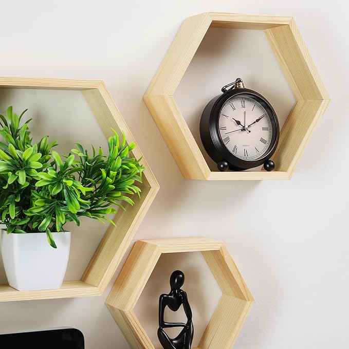 Mind Reader Hexagon Floating Shelves, Set of 3, Wall Decor, Honeycomb Accent Shelf, Cabinet Organizer, Office, Bamboo, 13.75" L x 3.125" W x 12" H, Brown