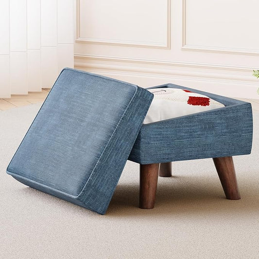 Small Footstool Ottoman with Storage, Ottoman Foot Rest, Modern Foot Stool with Adjustable Lid and Sturdy Wood Legs for Living Room, Bedroom, Couch, Enterway, Blue