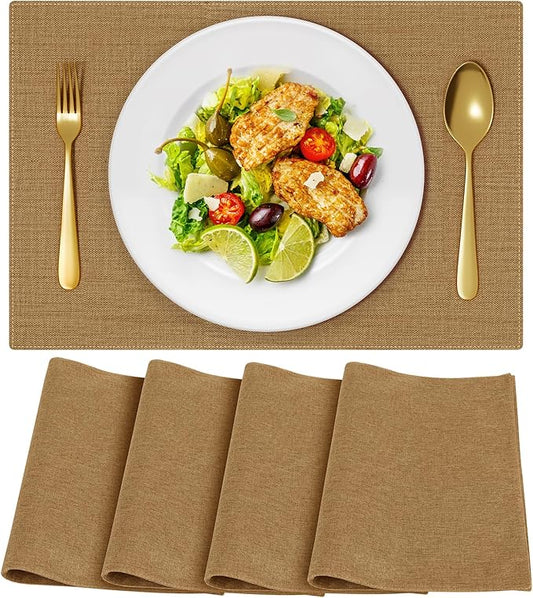 Cloth Placemats, Set of 4 Heat-Resistant Cotton Linen Blend Double Layered Machine Washable Place Mats, Wrinkle Free Thick Fabric Dining Table Mats for Indoors & Outdoors (Natural Linen, 4)