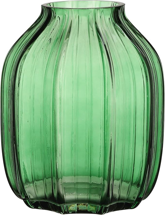 Green Glass Vase for Flowers Bud Tall Glass Vases,H-8.0" Simple Striped Design for Home Floor Decor,Farmhouse Decor, Centerpiece Coffee Table Decorations (Green 8.0IN)