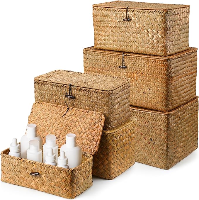 Kigley 6 Pcs Seagrass Basket with Lid Wicker Storage Decorative Boxes with Lids Bin Woven Organizer for Shelf Closet Bedroom, 6 Sizes(Classic Style,Yellow Brown)