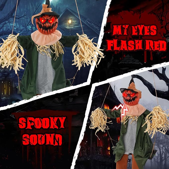 Scary Halloween Decorations - Outdoor Hanging Swinging Pumpkin with Sound & Slap Activated, Light Up Eyes Creepy Sound Expressions, Large Scary Decor Props for Indoor & Outdoor