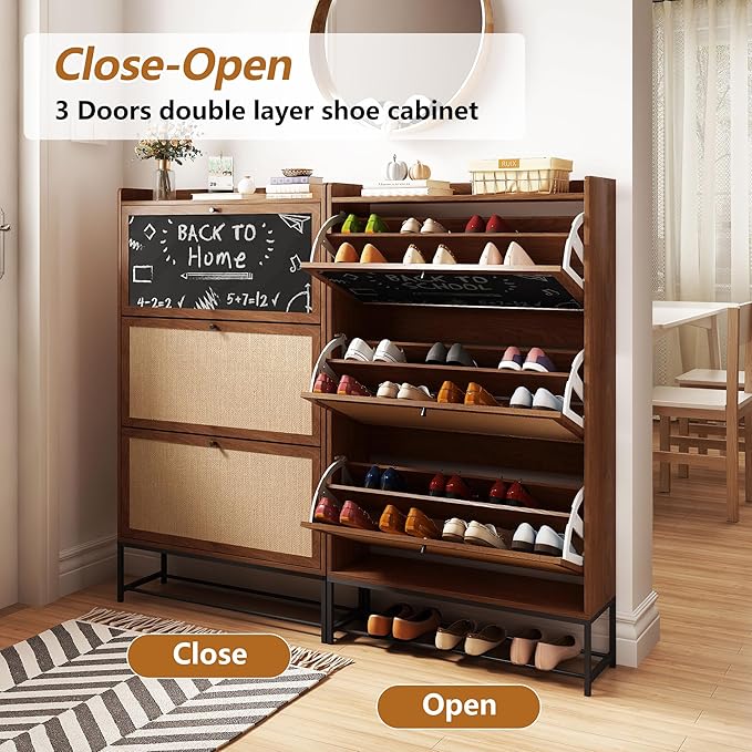 AVZEAR Narrow Shoes Cabinet with 3 Flip Drawers, Free Standing Shoe Racks Organizer Farmhouse Tipping Bucket with Blackboard, Entryway Hallway Storage, Walnut