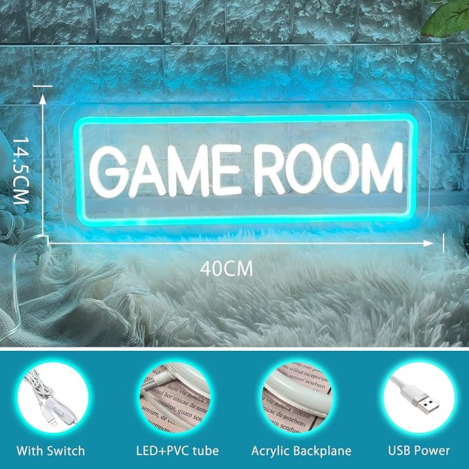 Game Room Neon Sign for Game Wall Decor Led Neon Light with USB Powered Teen Boy Children Bedroom Bar Party Gaming Room Accessories and Decor Neon Signs Custom, 15.7 x 5.9 Inch