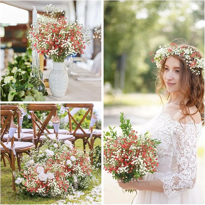 N&T NIETING Babys Breath Artificial Flowers Bulk, 15Pcs Fake Gypsophila Bouquet Flowers Real Touch Faux Babies Breath Arrangement for Wedding Floral Party Home Centerpieces Vase Decoration, Pink White