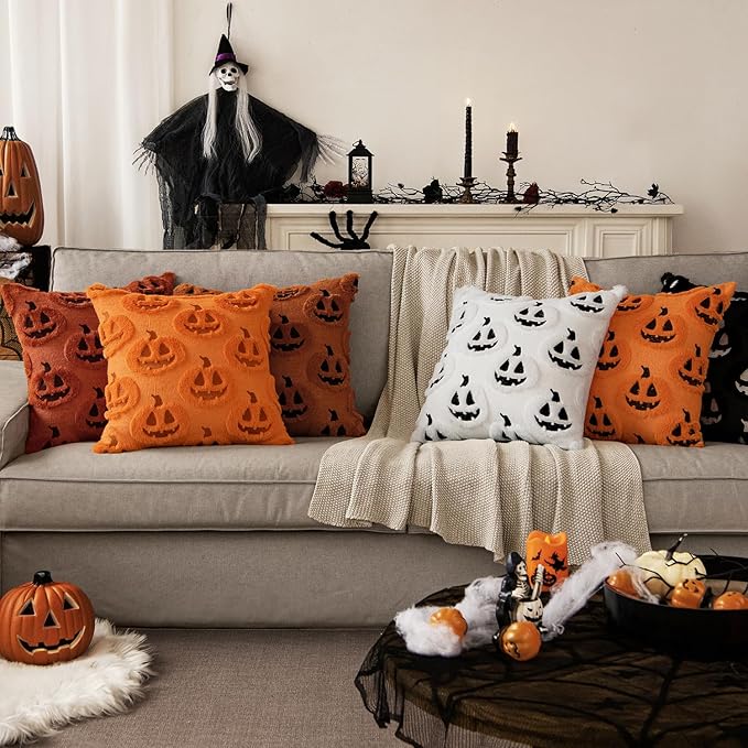 MIULEE Fall Halloween Throw Pillow Covers 18x18 Decorative Pumpkin Pattern Pillowcases Soft Plush Faux Wool Cushions for Home Patio Sofa Couch,Rust