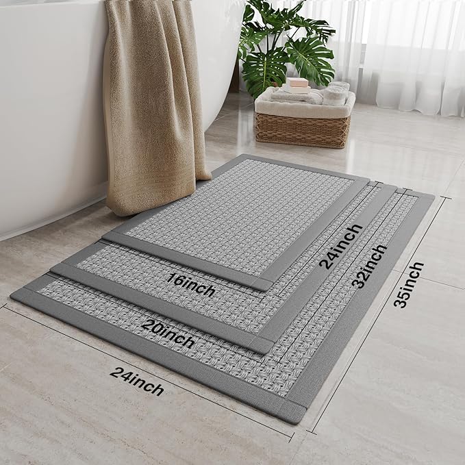 Non Slip Ultra Thin Bathroom Rugs Mat 20x32, Bath Mat for Bathroom Quick Dry Absorbent Bathroom Mat Floor Rubber Backed Fit Under Door, Woven Washable Bath Rugs, Gray