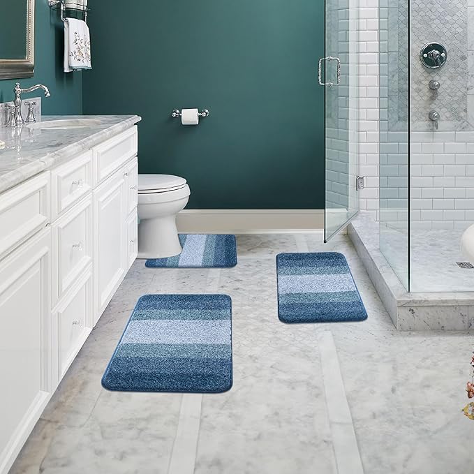 Walensee Non Slip Bath Mat (24 x 36, Ombre Blue) - Soft Microfiber Shaggy Mat, Water Absorbent, Machine Washable, Thick Plush for Shower