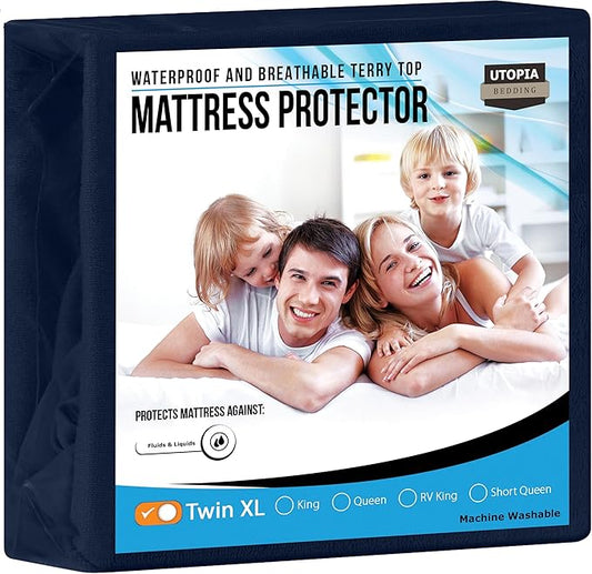 Utopia Bedding Waterproof Mattress Protector Twin XL Size, Premium Terry Mattress Cover 200 GSM, Breathable, Fitted Style with Stretchable Pockets (Navy)